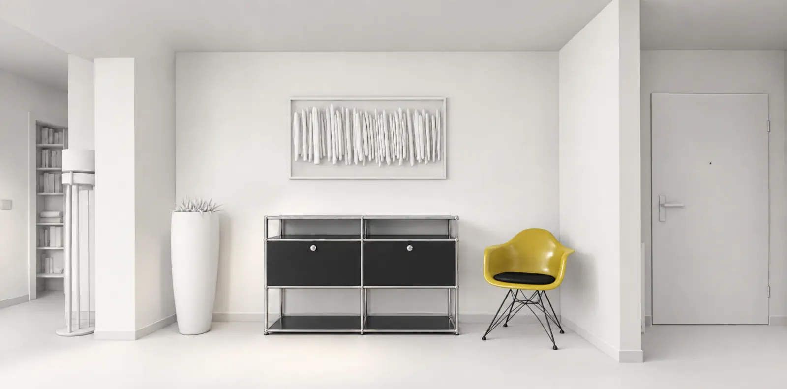 3D-Modell mit schwarzem USM Haller Sideboard und gelbem Vitra Eames Stuhl